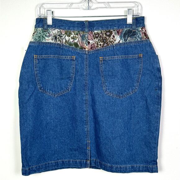 Vintage 80s Denim Floral Tapestry Detail High Waist Denim Skirt, Size 11/12 - Picture 2 of 7